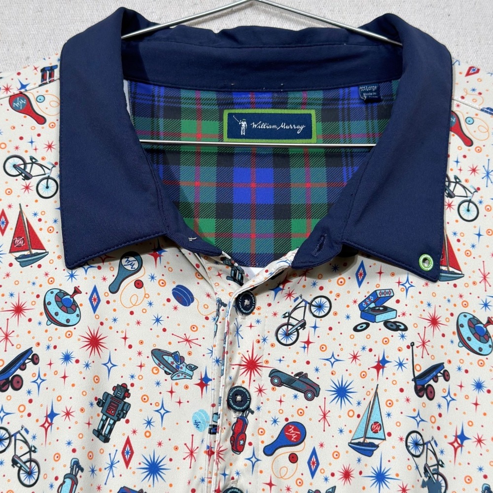 William Murray Retro Polo Shirt Mens 2XL Cream Hello Shirt Novelty Print Golf